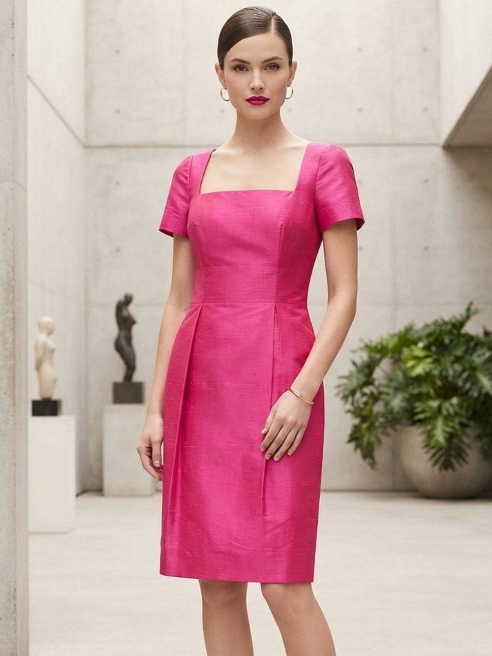 Vintage Hot Pink Gillian Silk Square Neck Dress